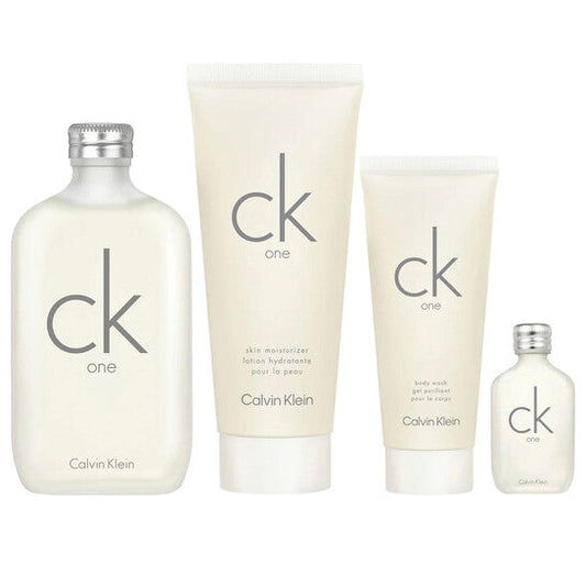 CALVIN KLEIN CK ONE 6.8 OZ/200ML UNISEX EDT + 6.8 OZ/200ML BODY LOTION + 3.4 OZ/100ML SHOWER GEL + 0.50 OZ/15ML MINI EDT GIFT SET
